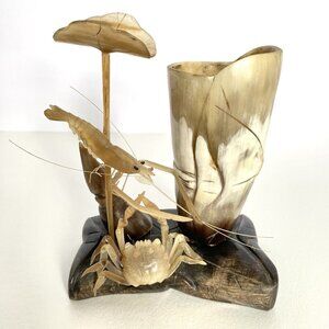 Crab Shrimp Lotus Hand Carved Animal Horn Sculpture Pen Holder Vintage Desk Set